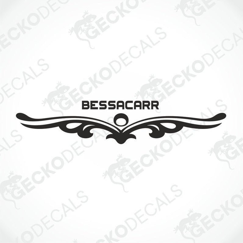 Black BESSACARR ornamental wing decal on transfer paper for caravan interior or exterior use