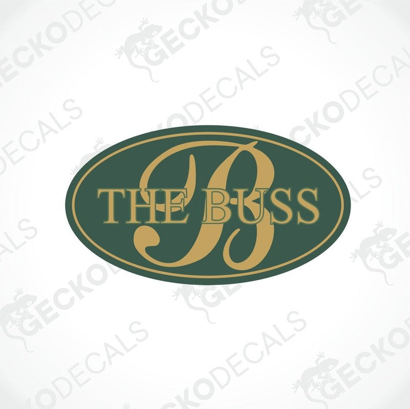 Dark green oval BESSACARR THE BUSS sticker with gold letter B and ornate flourishes