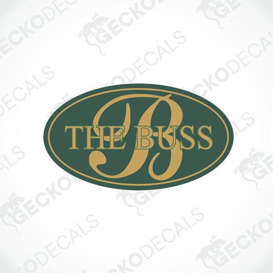 Dark green oval BESSACARR THE BUSS sticker with gold letter B and ornate flourishes