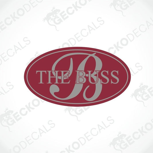 BESSACARR THE BUSS oval decorative sticker with red background and gray letter B design
