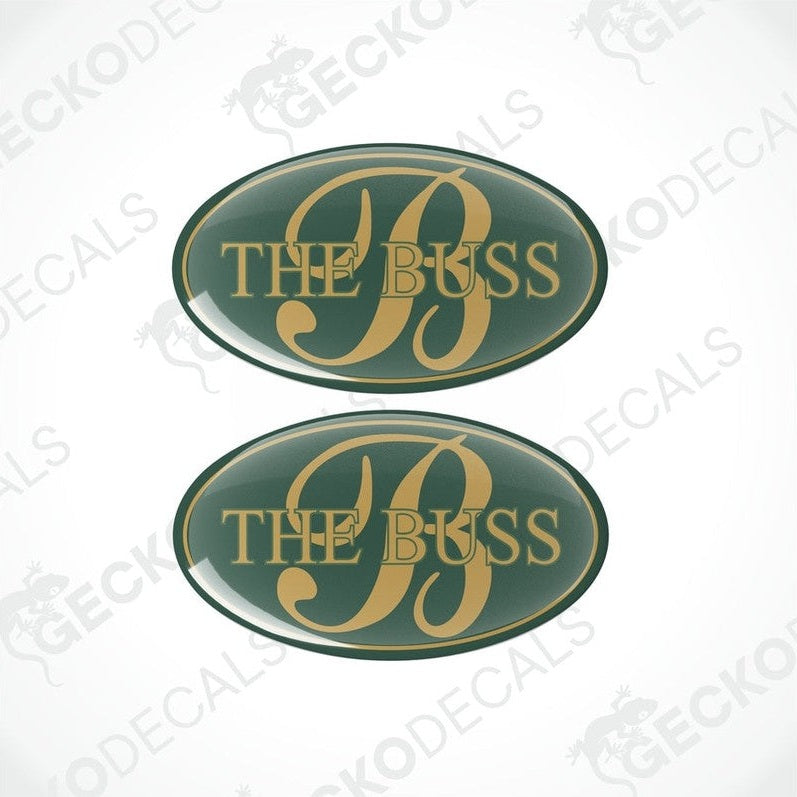 Set of two BESSACARR THE BUSS vinyl decals featuring glossy polyurethane coating and gold 'B' logo