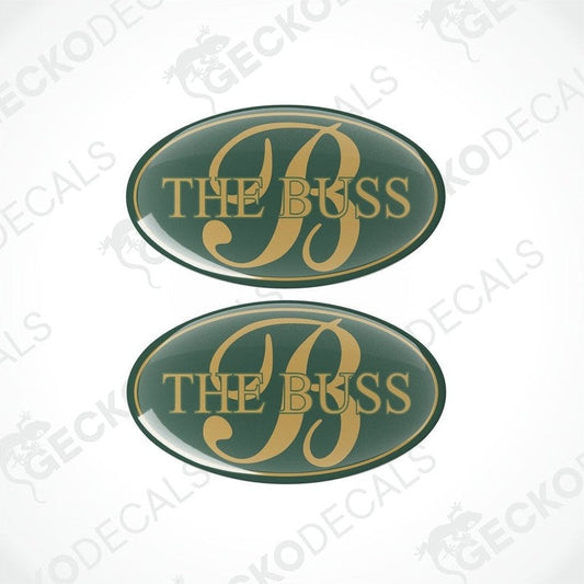 Set of two BESSACARR THE BUSS vinyl decals featuring glossy polyurethane coating and gold 'B' logo