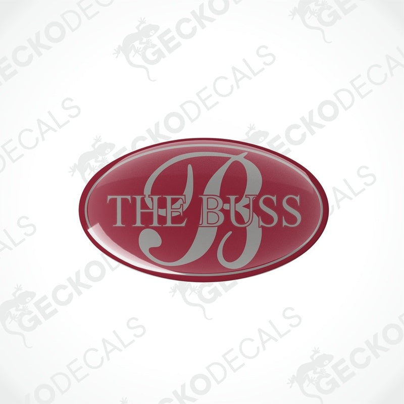 BESSACARR THE BUSS epoxy resin decal with domed finish and red background
