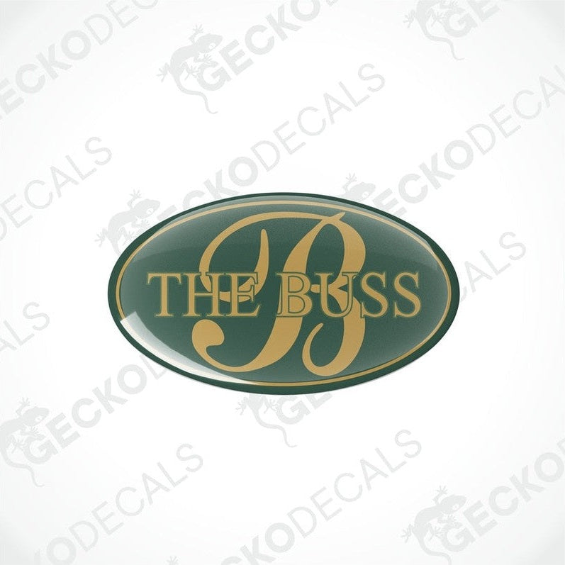 BESSACARR THE BUSS epoxy decal with domed gold letter B on dark green background