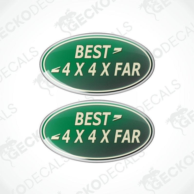 Two green oval car decals with white text that reads 'BEST 4X4XFAR'.