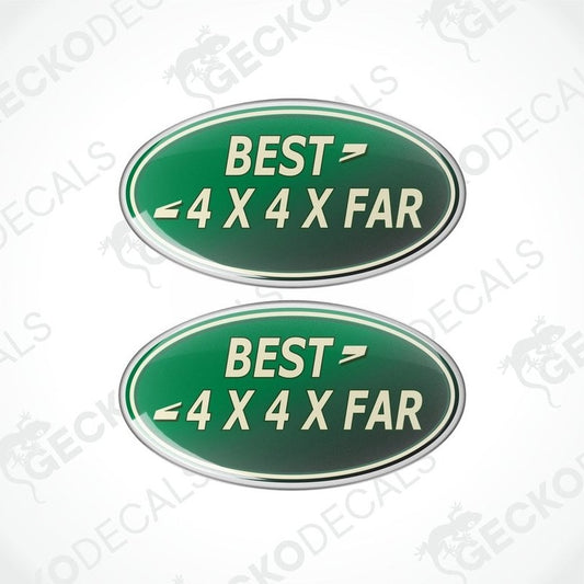 Two green oval car decals with white text that reads 'BEST 4X4XFAR'.