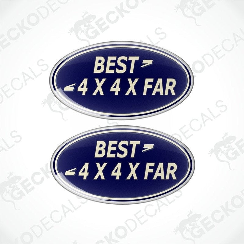 Two blue oval car decals with white text that reads 'BEST 4X4XFAR'.