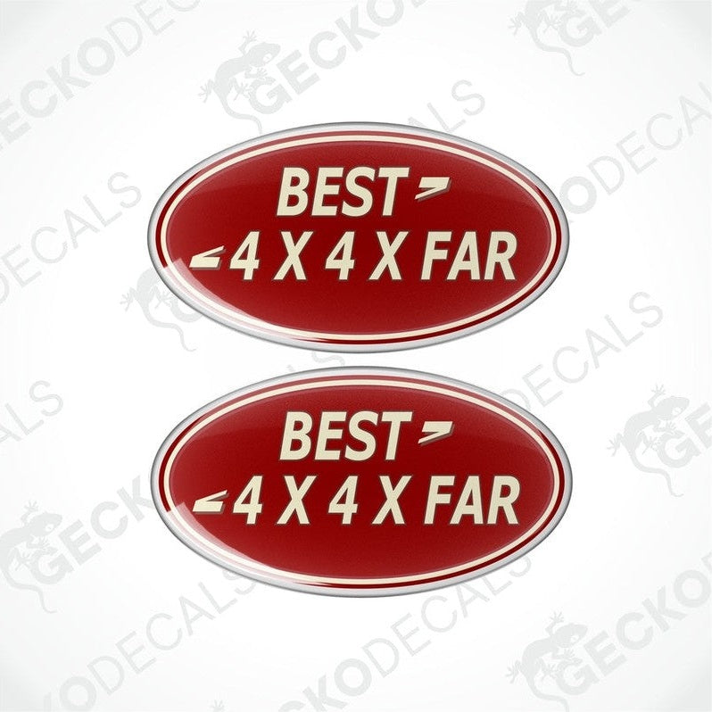 Two red oval car decals with white text that reads 'BEST 4X4XFAR'.