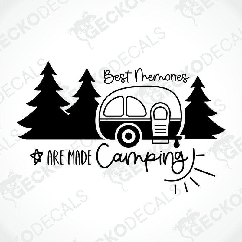 Black retro camper trailer decal with pine trees and Best Memories Are Made Camping text
