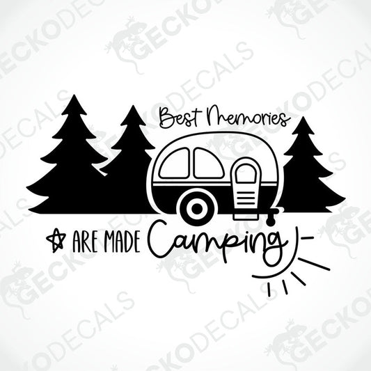 Black retro camper trailer decal with pine trees and Best Memories Are Made Camping text