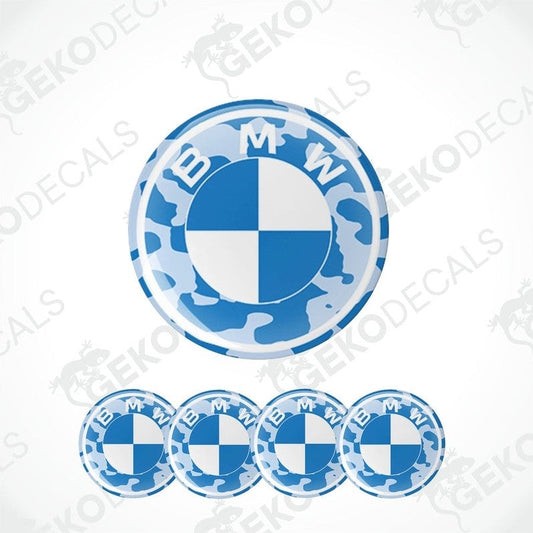 A set of five vinyl decals with polyurethane coating featuring the BMW logo in blue and white colors.