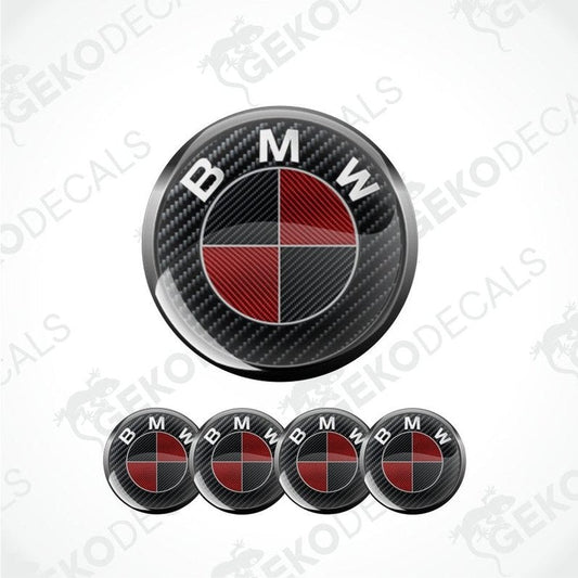 BMW logo decal with carbon fiber texture on a white background