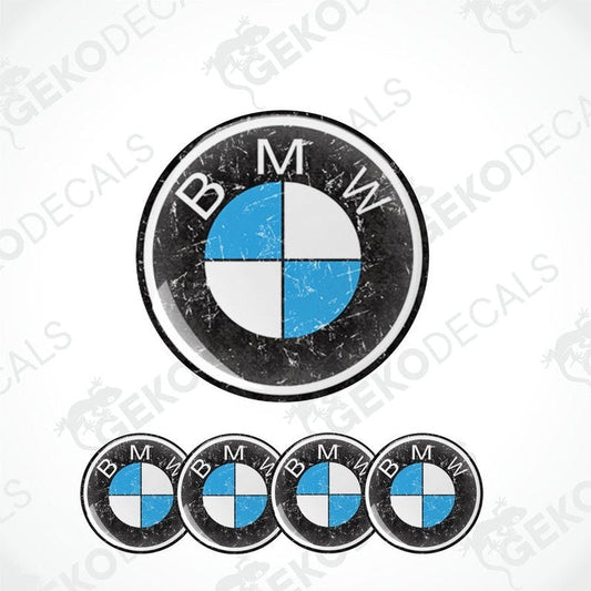 A set of four vinyl decals with polyurethane coating featuring the BMW logo in black, blue, and white colors.