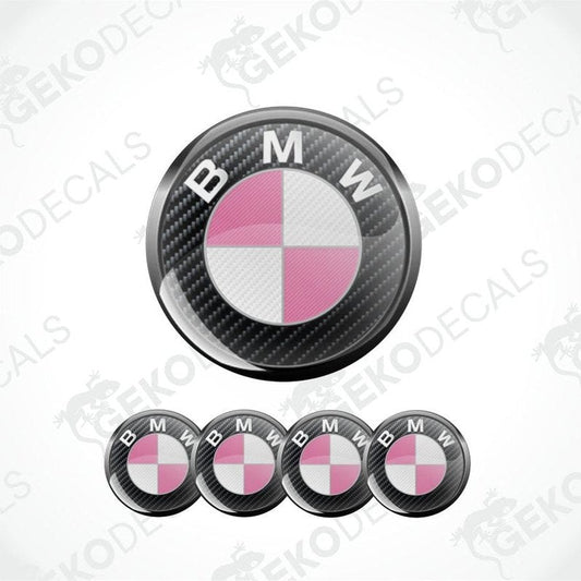 BMW logo with carbon fiber texture and pink and white design on a white background.