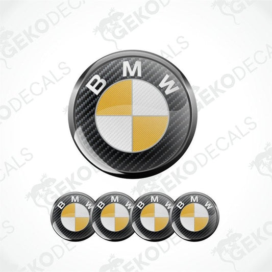 BMW logo with carbon fiber texture and five smaller logos below on a white background.