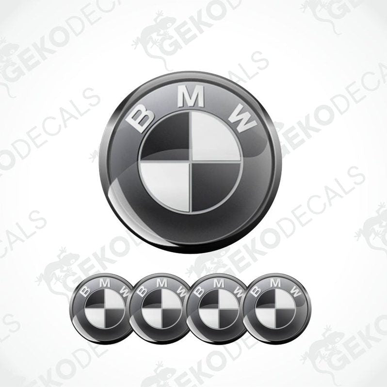 BMW logo and four circular variants on a white background with 'Geckodecals' branding.