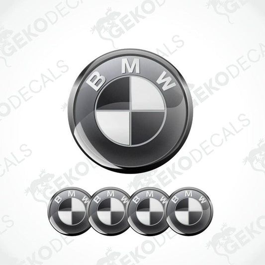 BMW logo and four circular variants on a white background with 'Geckodecals' branding.