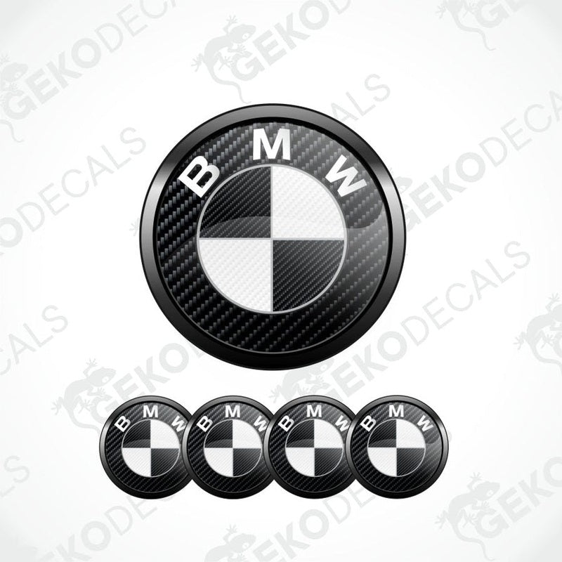 Carbon fiber pattern BMW logo with five smaller logos below on a white background.