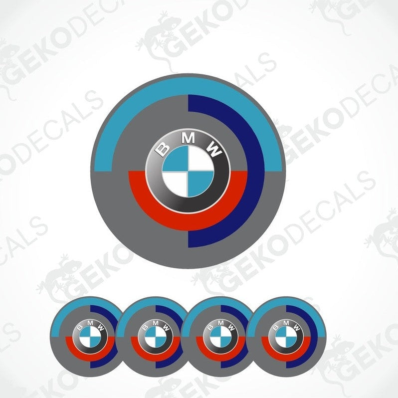 A set of four vinyl stickers with a BMW logo, featuring a gradient of blue, red, and white colors.