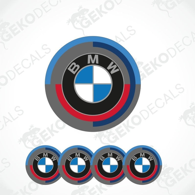 A set of four BMW branded vinyl stickers with a geometric design, featuring black, blue, and red colors.