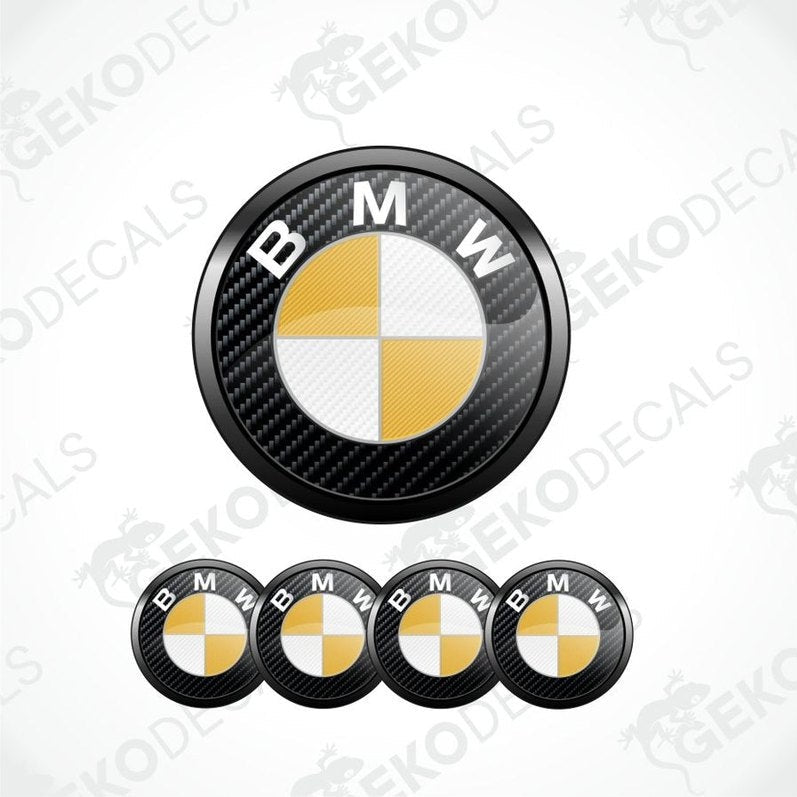 BMW logo decal with carbon fiber texture on a white background