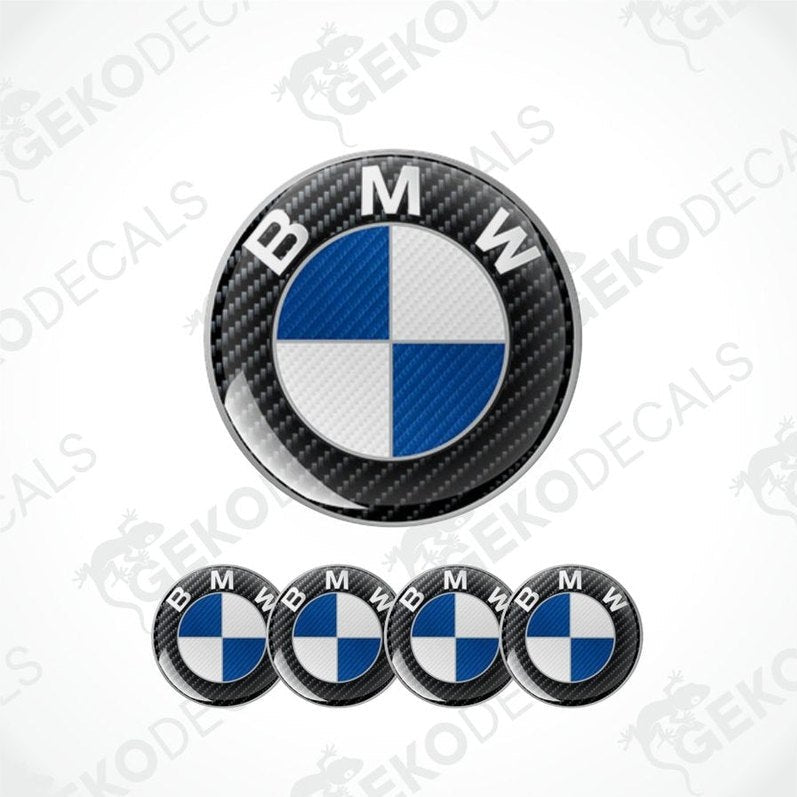BMW logo with carbon fiber texture and five smaller logos below on a white background.