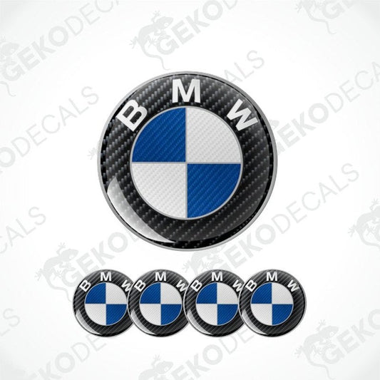 BMW logo with carbon fiber texture and five smaller logos below on a white background.
