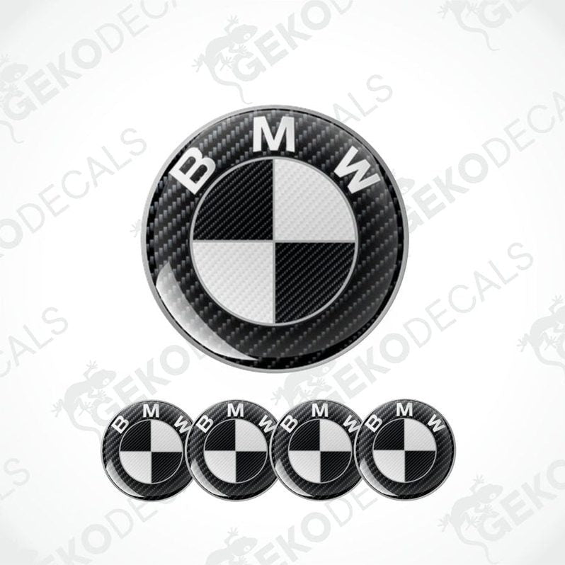 Carbon fiber pattern BMW logo with five smaller logos below on a white background.