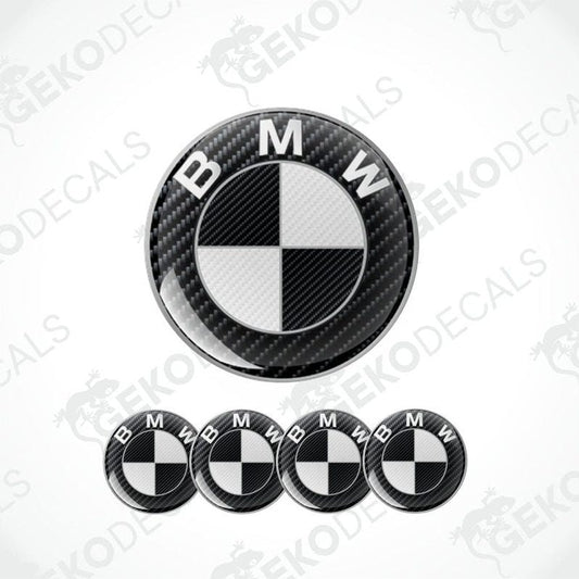 Carbon fiber pattern BMW logo with five smaller logos below on a white background.