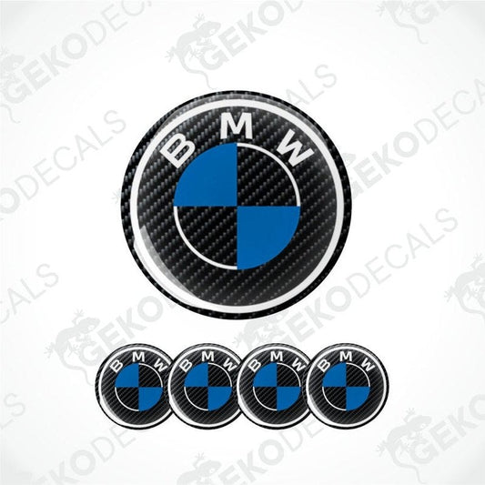 BMW logo and carbon fiber patterned stickers on a white background