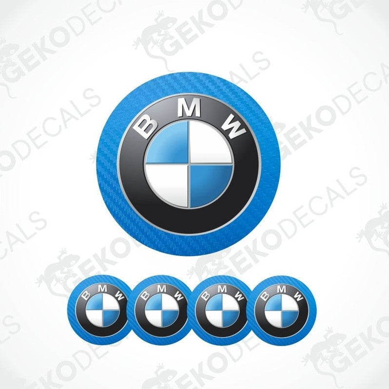 BMW logo with blue border and four smaller versions below on a white background with 'GEKODECALS' watermark.