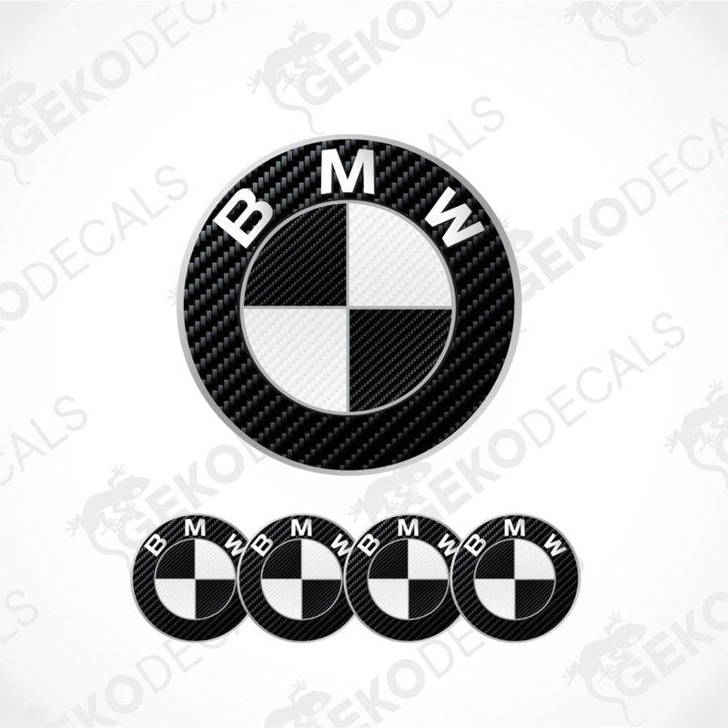 Carbon fiber pattern BMW logo with five smaller logos below on a white background.