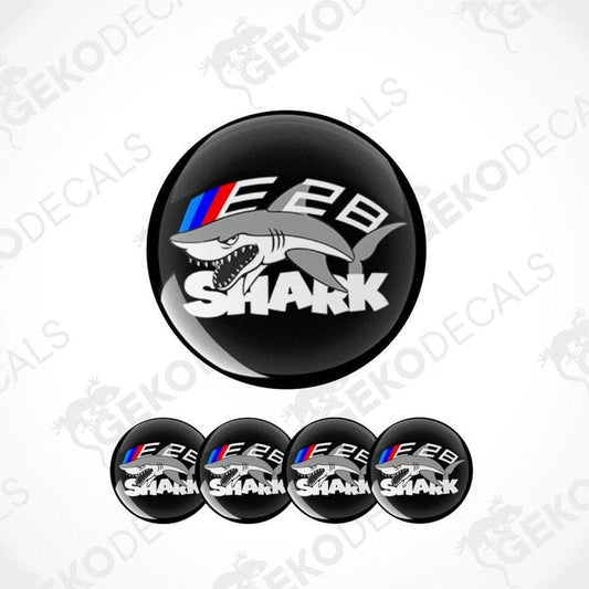 Set of 'E28 Shark' car decals with shark graphic and color logo on a white background.