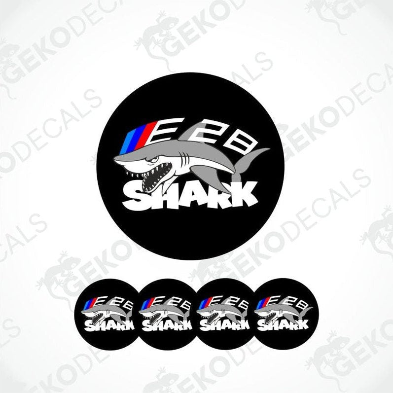 Sticker design with shark graphic and 'E28 Shark' text on a white background.