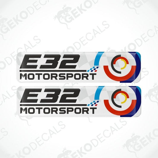 Two 'E32 Motorsport' decal stickers with a colorful circular design on a white background.