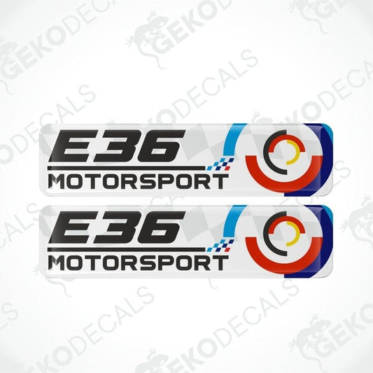 Two 'E36 Motorsport' decals with a circular design on a white background.