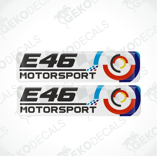 Two 'E46 Motorsport' decal stickers with a colorful circular design on a white background.