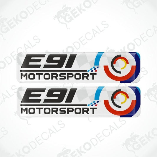 Two E91 Motorsport decals with a colorful circle design on a white background.