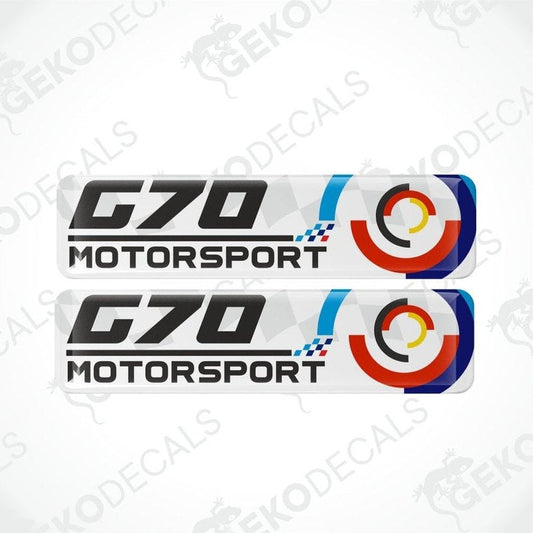 Two 'G70 Motorsport' decal stickers with a colorful circular design on a white background.