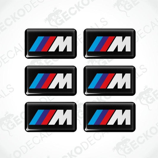 Set of six BMW M  vinyl stickers with polyurethane coating featuring the M Performance logo in white, red and blue on a black background.