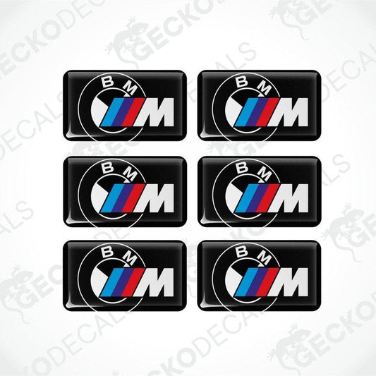 Set of six BMW M  vinyl stickers with polyurethane coating featuring the M Performance logo in white, red and blue on a black background.