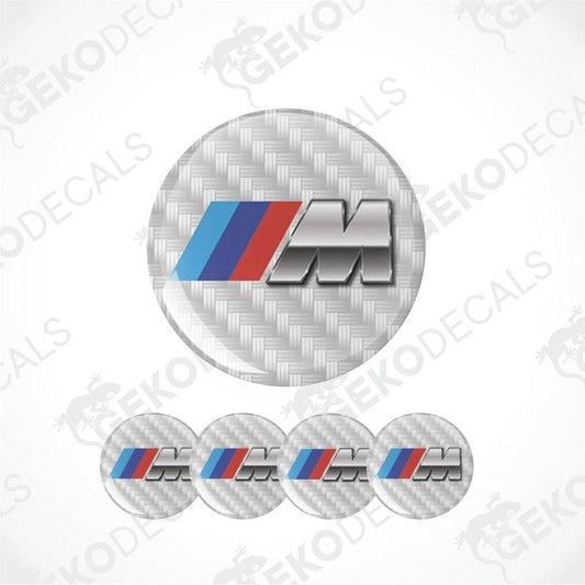 Carbon fiber patterned BMW M logo decal on a white background