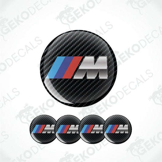 BMW M logo decal with carbon fiber texture on a white background