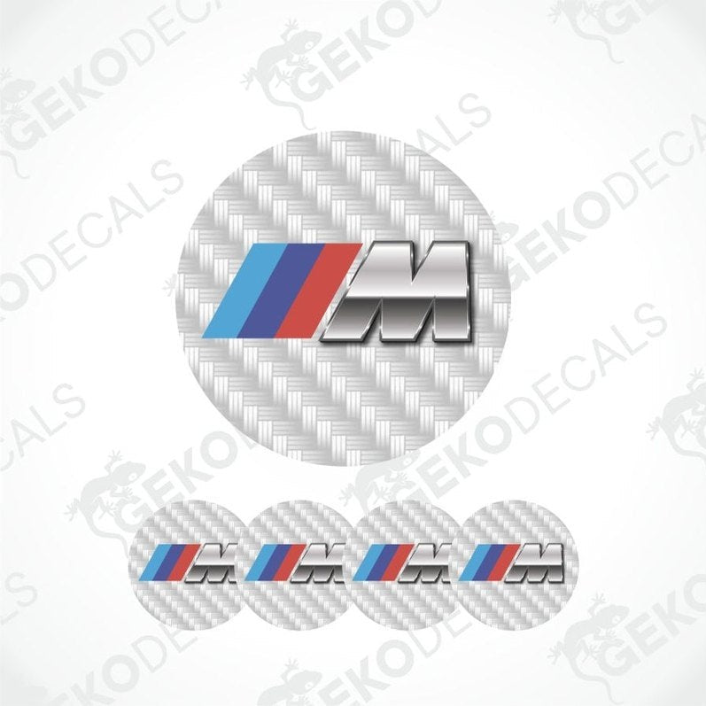 Carbon fiber patterned BMW M logo decal on a white background