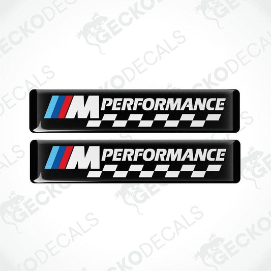 Two rectangular vinyl decals with a polyurethane coating featuring the BMW M Performance logo in black, white, red, and blue colors.