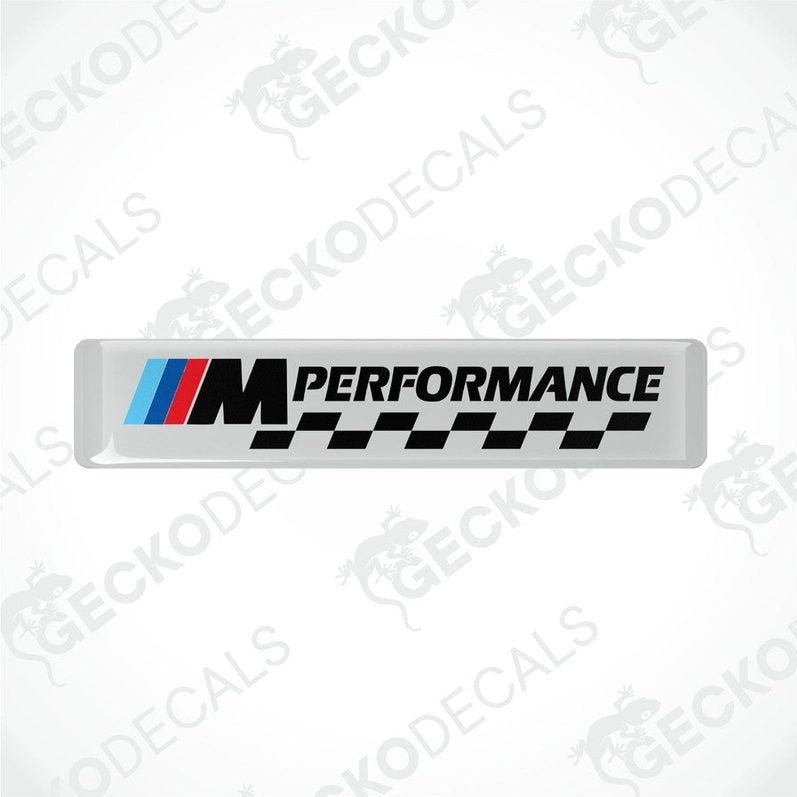 Two rectangular vinyl decals with a polyurethane coating featuring the BMW M Performance logo in white, black, red, and blue colors.