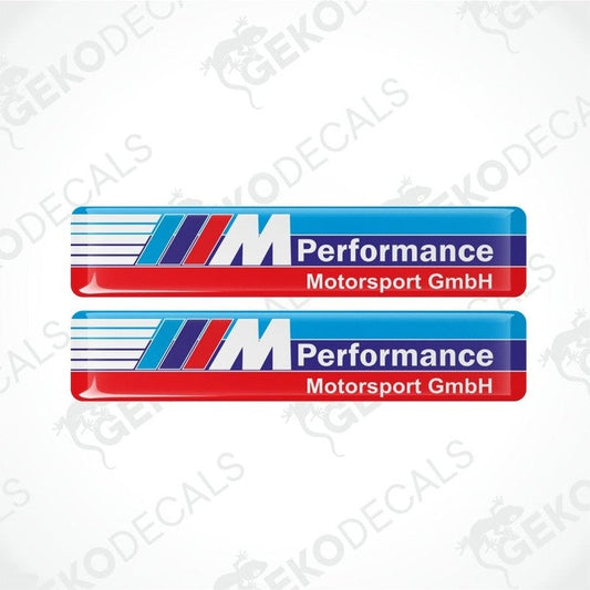 Two BMW M Performance Motorsport GmbH decals on a white background with 'GEKODECALS' watermark.