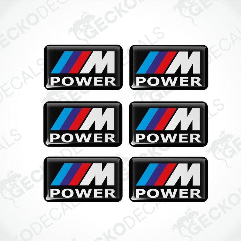 A set of six BMW M POWER vinyl decals with a polyurethane coating, displayed against a white background.