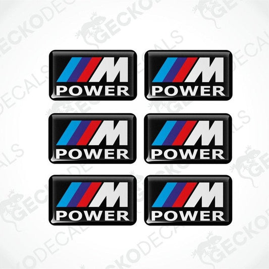 A set of six BMW M POWER vinyl decals with a polyurethane coating, displayed against a white background.