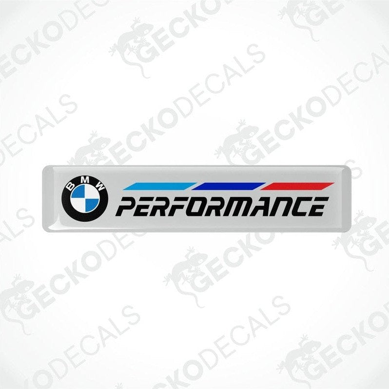  BMW Performance vinyl decals with blue and red stripes on a white background.